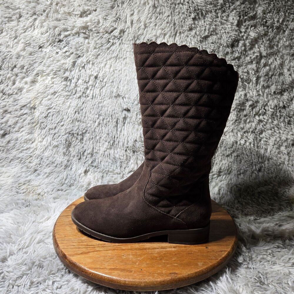 Lands Ends Sweater Trim Heeled Boots Womens Sz 7M Brown Suede Tall Knee High